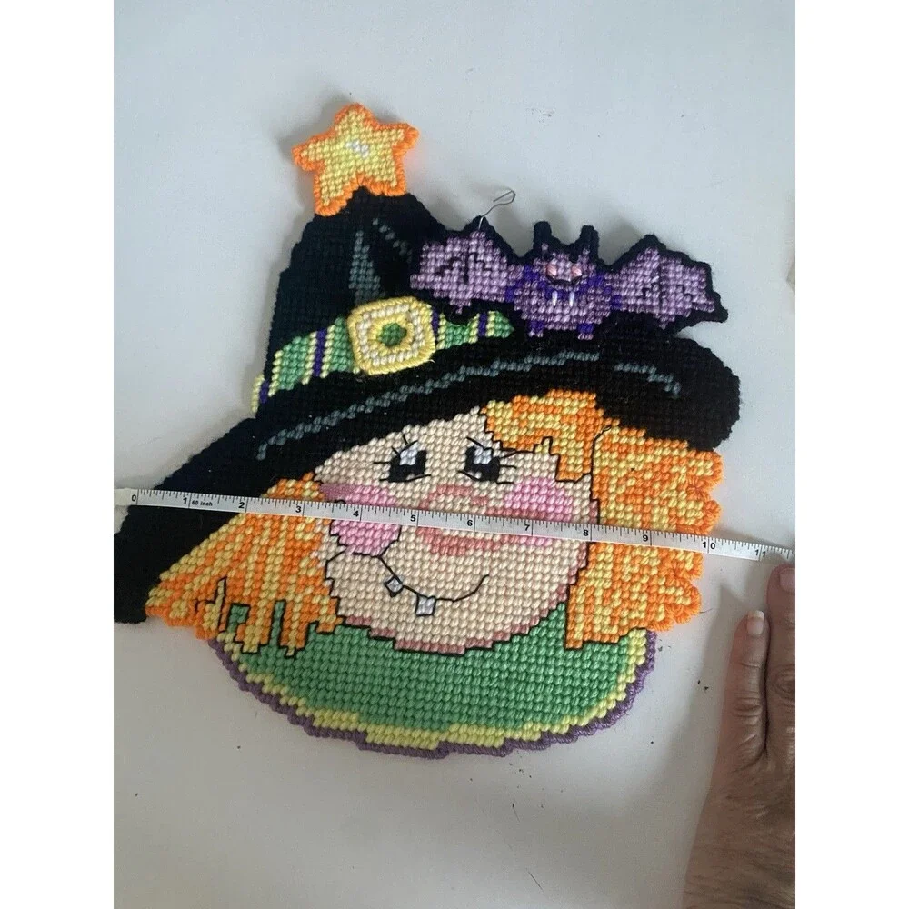 VTG  Halloween Pumpkins Witch  & Cat Wall Hanging Needlepoint Plastic Canvas